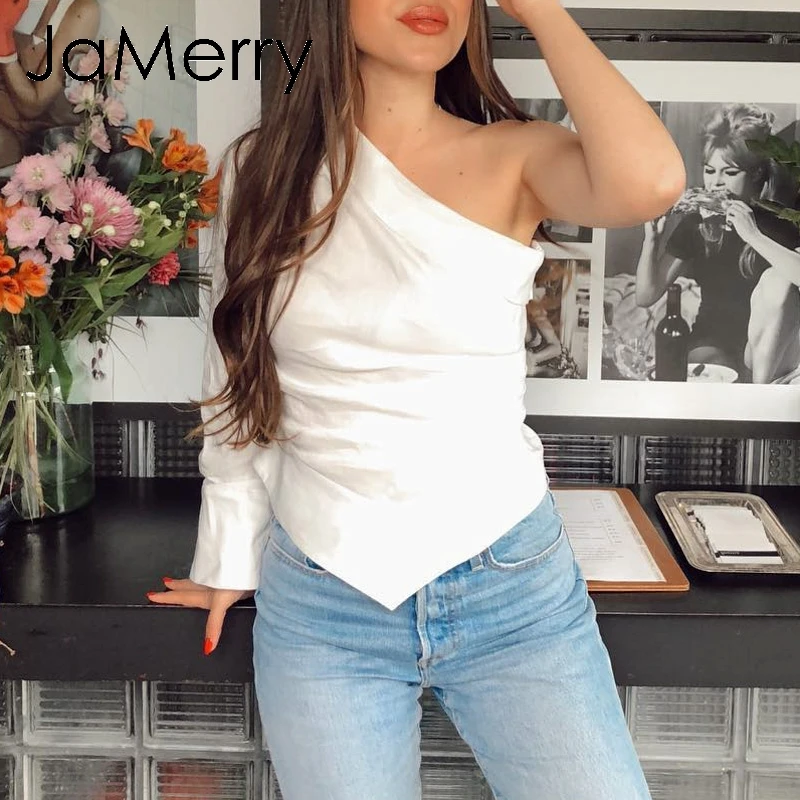 JaMerry/Винтажные повседневные белые блузки с одним плечом рубашка летний