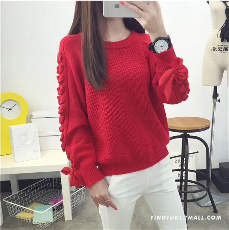 HMK 2019 Women Sweater Knitted O-neck Bow Long Seleeve solid color chic Pullover Womens Sweaters Jumper Sueter Mujer Top | Женская