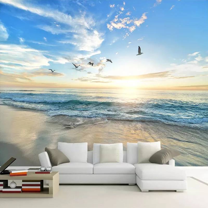 Пользовательские водонепроницаемые обои фрески 3D Чайка синее небо море песчаный