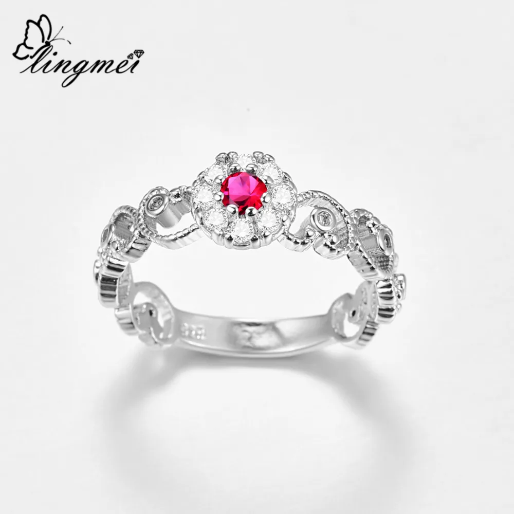 Lingmei Pretty, модное женское кольцо, простой стиль, круглая огранка, Красный& Синий& Белый циркон, серебро 925 пробы, ювелирное изделие, кольцо 925, размер 6, 7, 8, 9, подарки