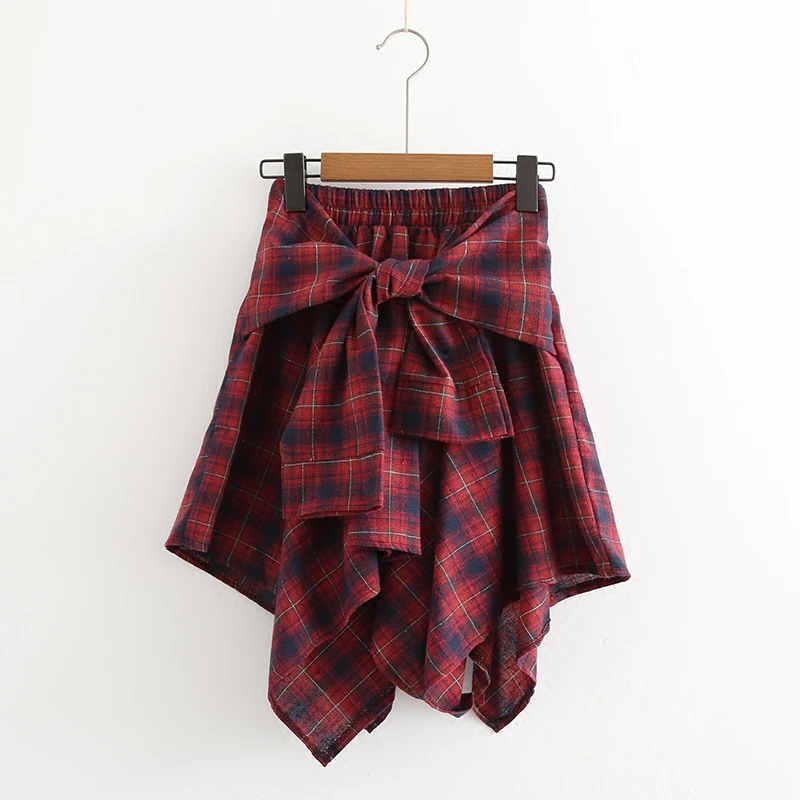 2018 летние Повседневное юбки в клетку с бантом Высокая талия по колено Юбки Модная