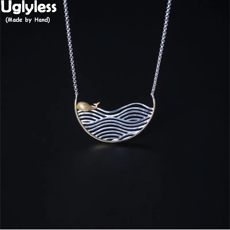 

Uglyless Real Solid 925 Sterling Silver Ocean Chokers for Women Handmade Waves Swimming Whale Pendants Movable Whale Necklaces