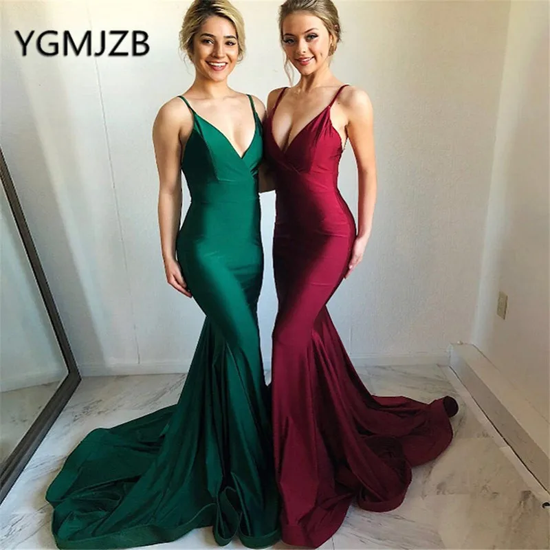 

Сексуальные Длинные вечерние платья с открытой спиной 2019, платье-Русалка с глубоким V-образным вырезом, на бретелях-спагетти, эластичное атл...