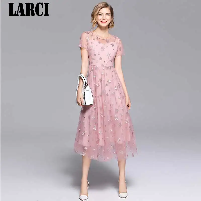 LARCI 2018 женское элегантное Сетчатое летнее платье с коротким рукавом Розовое