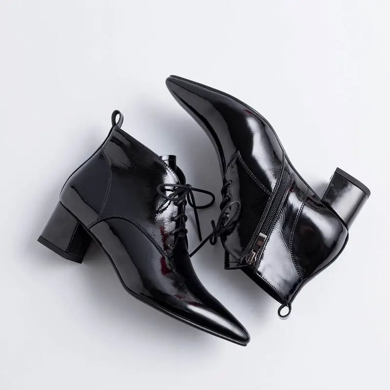 ALLBITEFO fashion retro genuine leather pointed toe high heels women boots ankle boots for women leather boots girls shoes