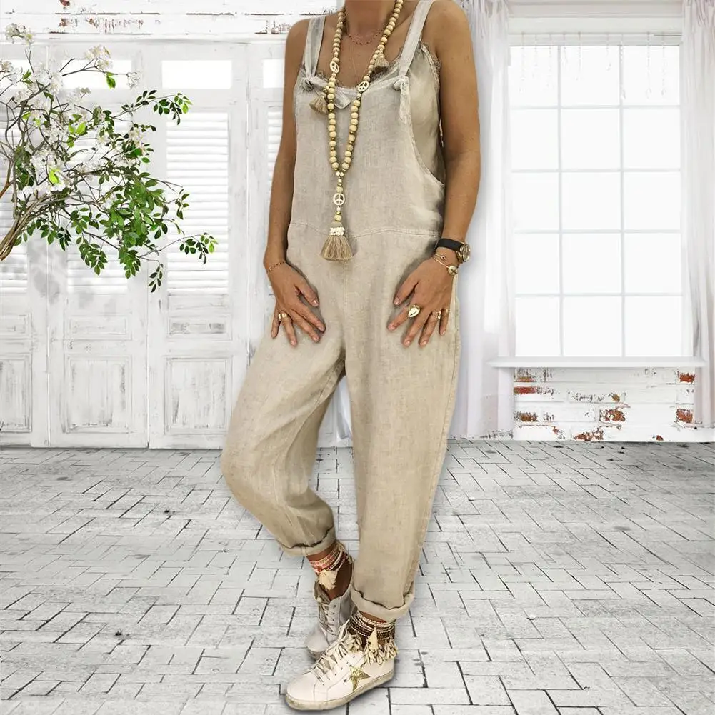 Однотонный женский комбинезон с круглой горловиной без рукавов летний Свободный