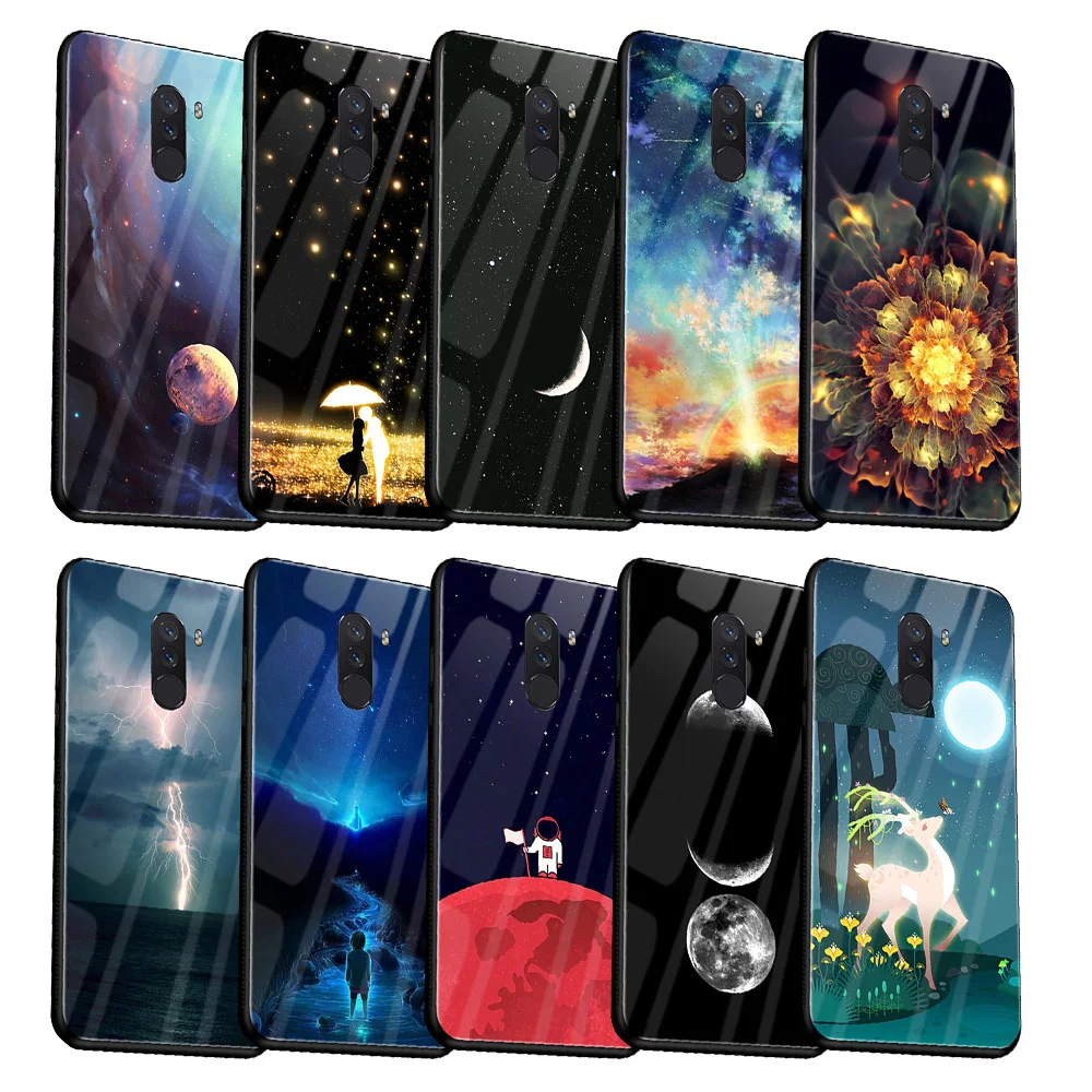 

For Xiaomi Pocophone F1 Tempered Glass Cases Mirror Colorful Cover For Pocophone F1 TPU Cartoon Pattern Case For Poco F1 Cover