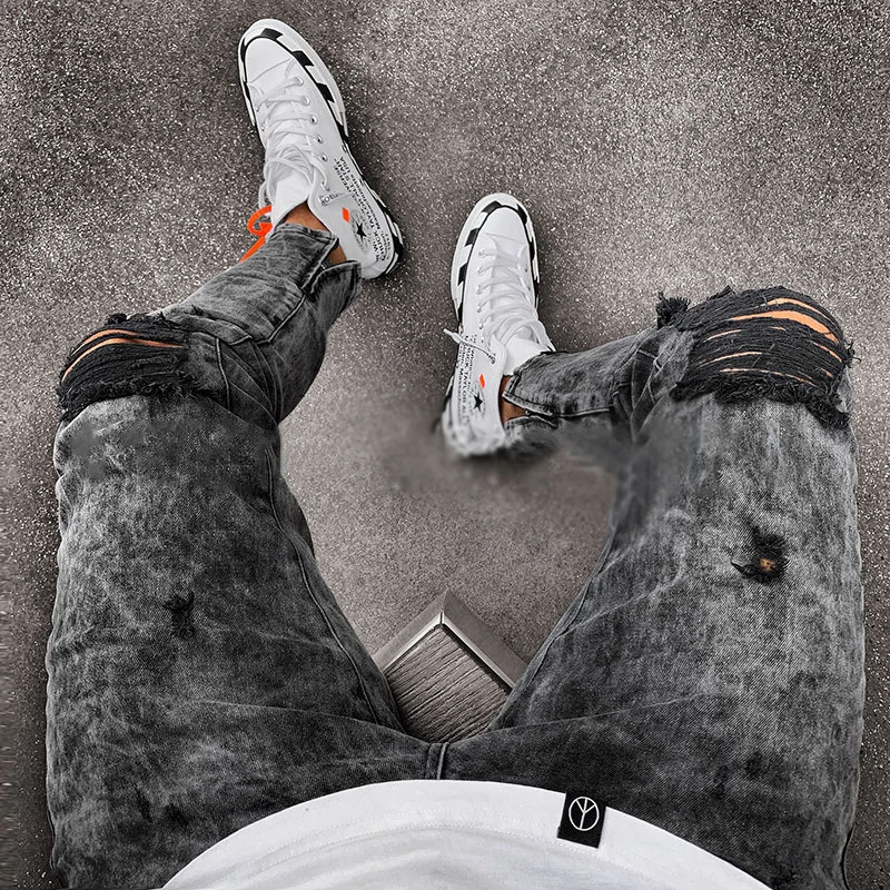 Мужские весенние джинсы джинсовые брюки с потертостями повседневные Стрейчевые