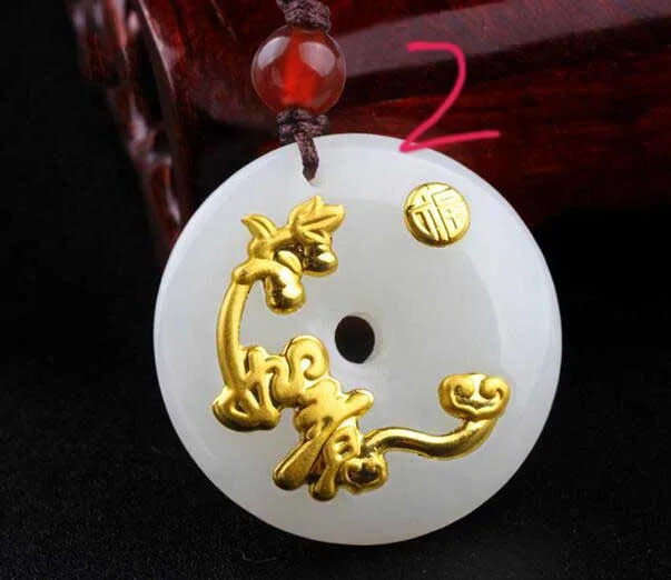 

Hetian Jade safety buckle pendant peony flowers open rich men and women to thicken gold gold inlaid buckle pendant pendant