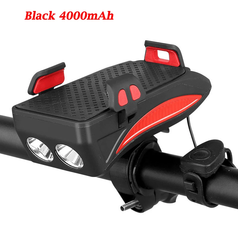 Red 4000mAh Многофункциональная Передняя велосипедная лампа, USB велосипедный светильник, встроенный аккумулятор 2000 мАч/4000 мАч с держателем для телефона+ велосипедный рожок - Цвет: Red 4000mAh
