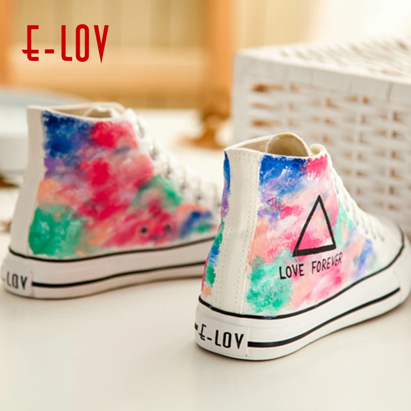 E-LOV Радуга обувь на платформе женщин ручная роспись повседневная 2018 модные