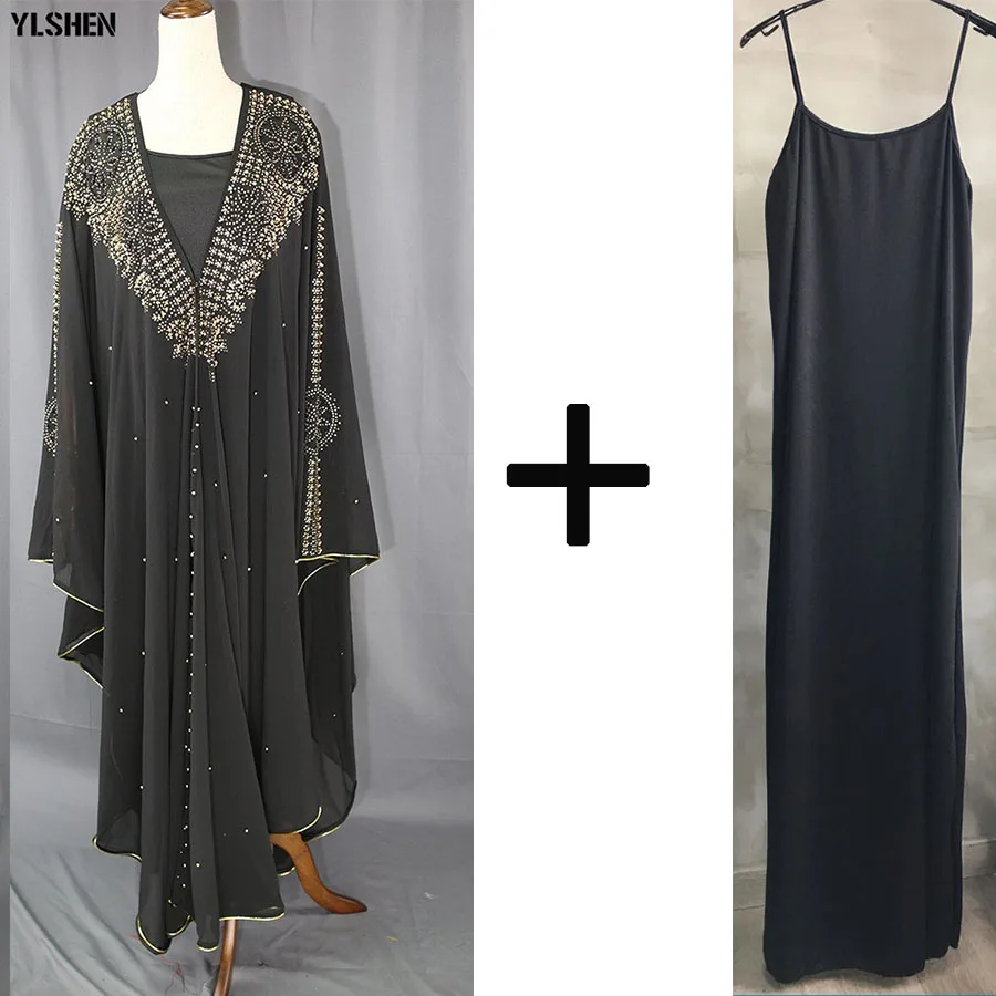Black 2pc set Стиль африканские платья для женщин Дашики Алмазные Бусы африканская одежда абайя Дубай халат вечернее длинное платье Африка накидка с капюшоном - Цвет: Black 2pc set