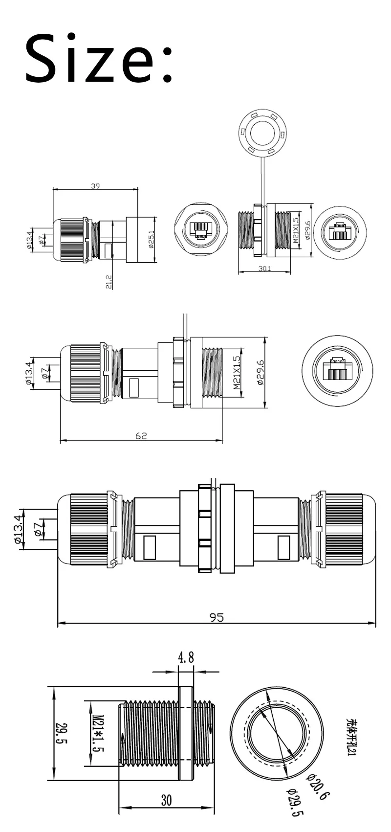 Водонепроницаемый разъем RJ45 CAT5 CAT6 гнездо панель крепление M21 Промышленный разъем IP67