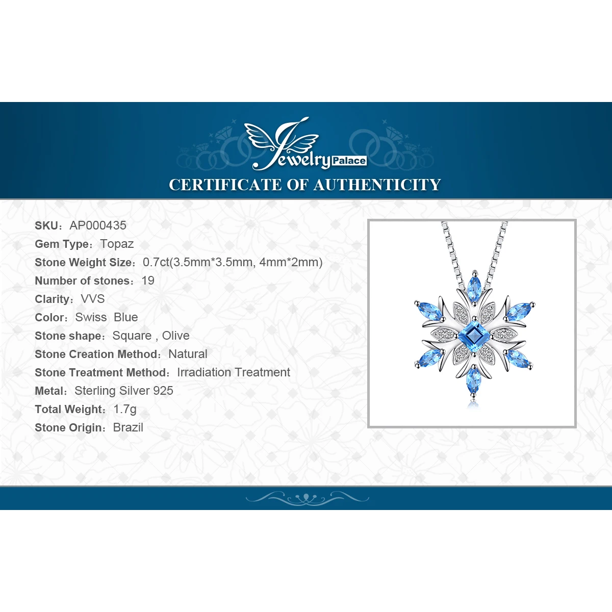

Snowflake Natural Swis Blue Topaz Pendant Necklace 925 Sterling Silver Gemstones Choker Statement Necklace Women No Chain
