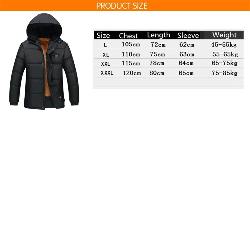 Winter jacket men keep warm fleece thick coat with hat men clothes size L to 3XL
