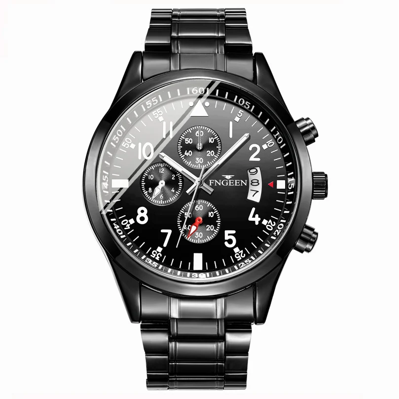 FNGEEN Black Steel Watch Men Fashion Men Wristwatch Male Luxury Brand Quartz Clock Man Calendar Waterproof Watches Relojes