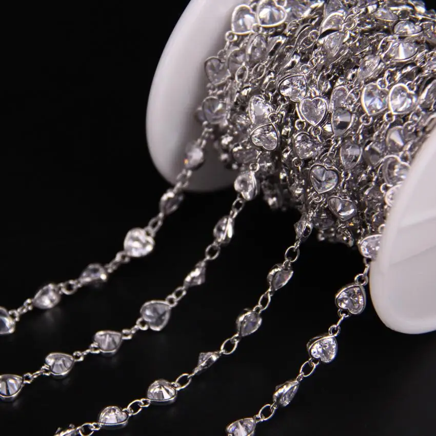 

6mm,Heart Zircon Rosary Chain,Faceted White Cubic Zircon Silver Chain,CZ Bracelet Earrings Necklace Sweater Chain