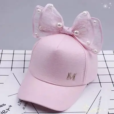 Child cotton Милая Детская сетчатая Кепка, весенне-летняя детская бейсболка, Бейсболка для девочек, хип-хоп кепка с заячьими ушками, жемчугом, большим бантом, Детская солнцезащитная Кепка - Цвет: Child cotton