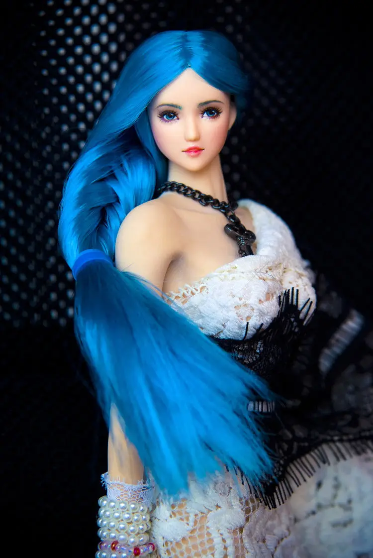 

1/6 Scale Asian Beauty OB27 Girl Pale Skin Blue Braid Hair Head Sculpt W Long Blue Braid pale tone Fit 12'' PH seemless Body