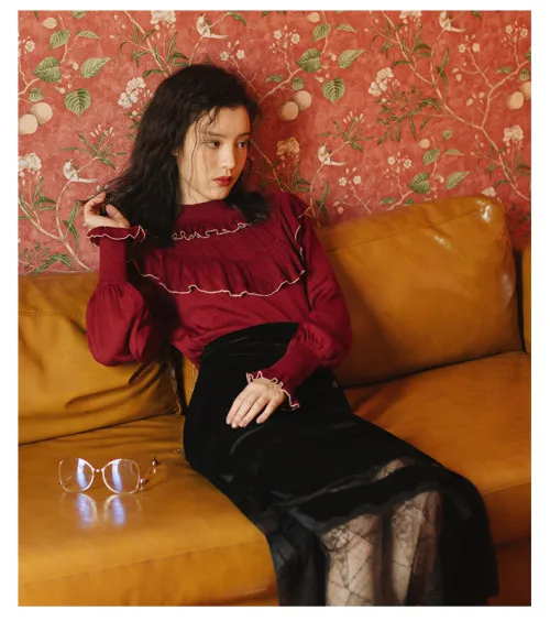 knitted top nd skirt Винтаж Mori Girl стиль для женщин наборы для ухода за кожей оборками трикотажные топы и бархат, кружево черного цвета юбка сладкий фонарь рукав High Street - Цвет: knitted top nd skirt