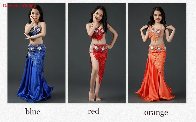 Роскошные Модальные+ Кружева Высокого Качества Костюмы Bellydance Kid Девушки Производительность Танец Живота Горный Хрусталь Бюстгальтер Топ+ юбка 2 шт. / Компл