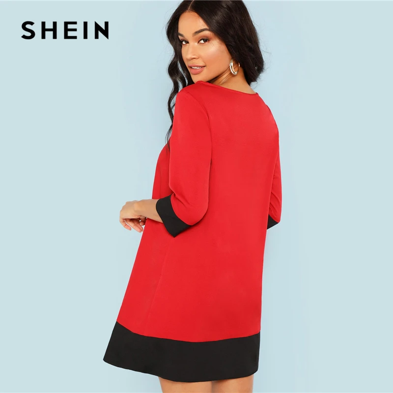 SHEIN красное платье-туника с контрастной отделкой, рабочая одежда с цветными блоками, короткие платья с рукавом 3/4, женское осеннее элегантное прямое короткое платье