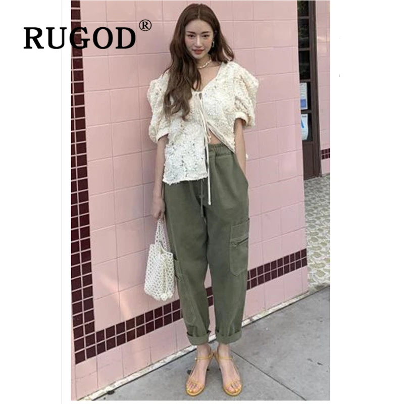 RUGOD корейский шик карман Женские повседневные брюки модные однотонные хлопковые