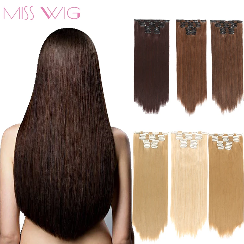 Волосы MISS WIG 60 см длинные прямые волосы на заколках для наращивания черные
