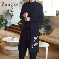 zongke chinese style crane embroidery jacket men streetwear long windbreaker men jacket long coat mens jackets and coats 2021