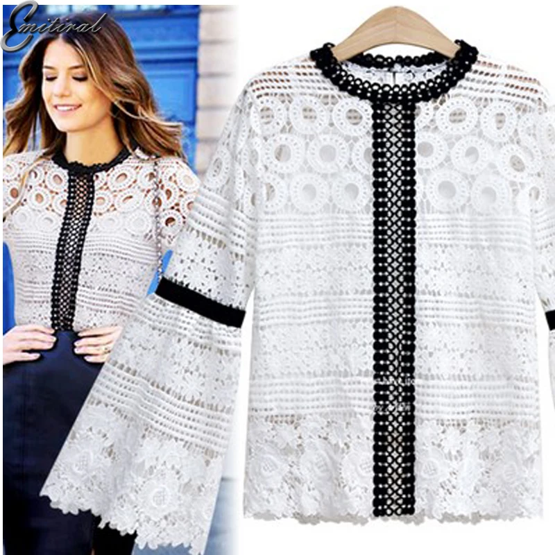 Emitiral 2017 Autumn Women Hollow Out Lace Tops Two Pieces Sexy Crochet Female Blouses Casual Shirts Plus Size 5XL Blusas |