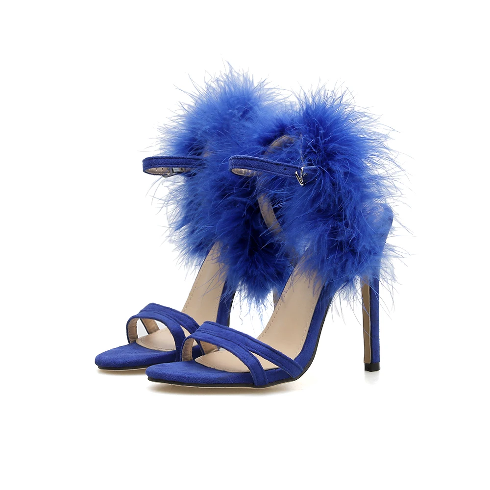 

NIUFUNI Women's Sandals Fashion Fine High Heels Summer New Pointed Sexy Feather One Word Belt Stiletto Sandals Suede Women Shoe