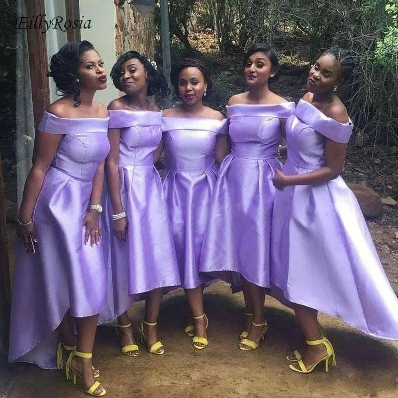 

Lilac Purple Bridesmaid Dresses 2019 off the Shoulder Satin High Low Party Dress for Wedding Guest sukienka damska na wesele