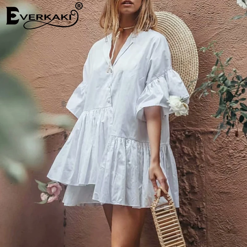Everkaki бохо платье Для женщин Мини рубашка белые пуговицы с коротким рукавом