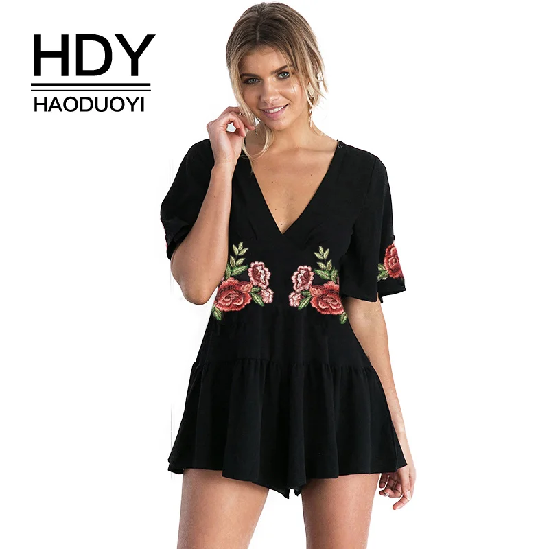 HDY Haoduoyi женский комбинезон с вышивкой глубокий v образный вырез короткий рукав