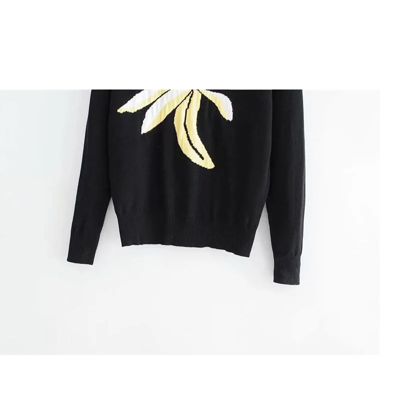 Elegant Women's 2018 Autumn Retro Exquisite Banana Embroidery Wild Foundation Round Neck Pullover Long Sleeve Sweater | Женская