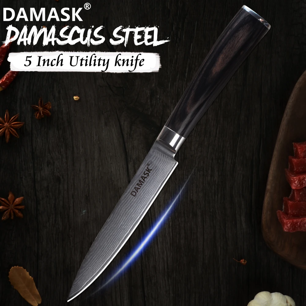 Дамасский универсальный нож Damask, 5 дюймов, стальной кухонный нож, 67 слойный бритвенный нож с острым лезвием, деревянные ножи Pakka Hadle, VG10, японский шеф-повара