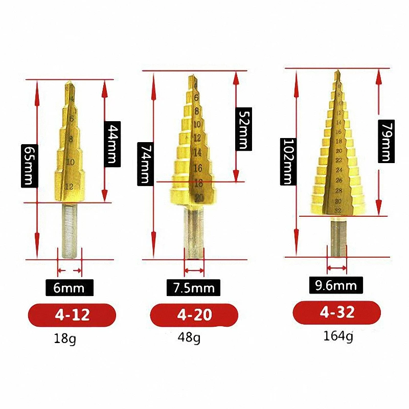 3Pcs 4241 HSS titanium-plated triangular handle step drill 4-32 4-20 4-12 pagoda Core Drill Bit | Инструменты