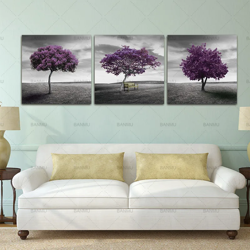 3 Piece Free Shipping canvas Modern Wall Art Home Decoration Purple Tree Large Living Room Oil Painting Pictures on Canvas Print | Дом и сад