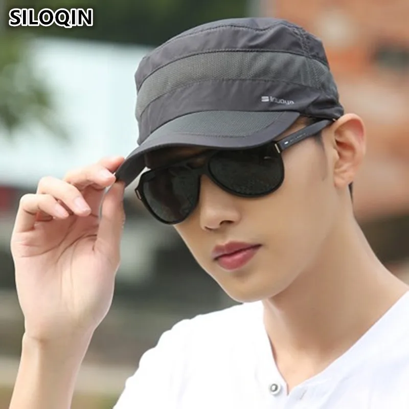

SILOQIN Men Cap Summer Mesh Breathable Military Hats Sport Ultra Thin Fashion Casual Adjustable Size Snapback Flat Cap For Men