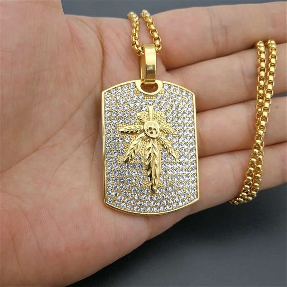 

Hemp Leaf Pendants Necklaces Stainless Steel Gold Color Chain For Women/Men Rhinestone Hip Hop Iced Out Bling Jewelry