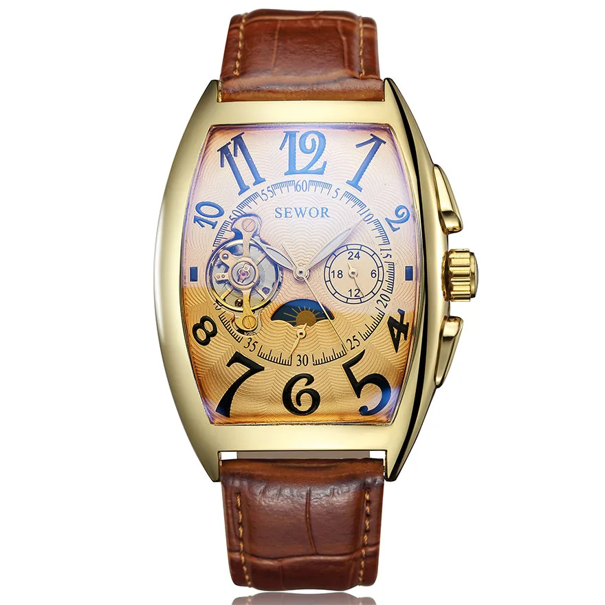 Moon Phase Design 2 Мужские автоматические механические часы, мужские часы с черепом, с самообмоткой, наручные часы с римскими цифрами, бронзовые часы с коричневым кожаным ремешком - Цвет: Moon Phase Design 2