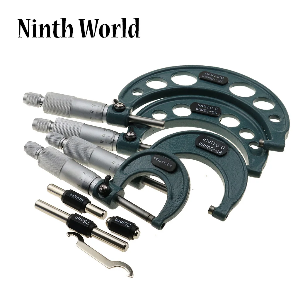

0-25mm/50mm/75mm/100mm/0.01 Outside Micrometer Set Carbide Tipped Metric Gauge Screw Thread Caliper 4Pcs Measuring Tools