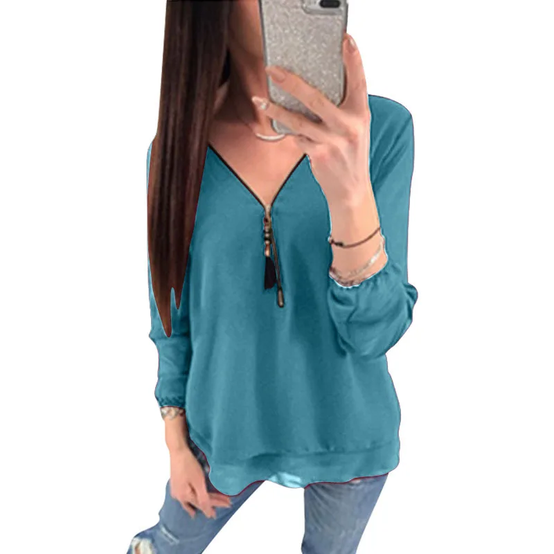 Женская шифоновая блузка с v-образным вырезом на молнии Свободная блуза длинным