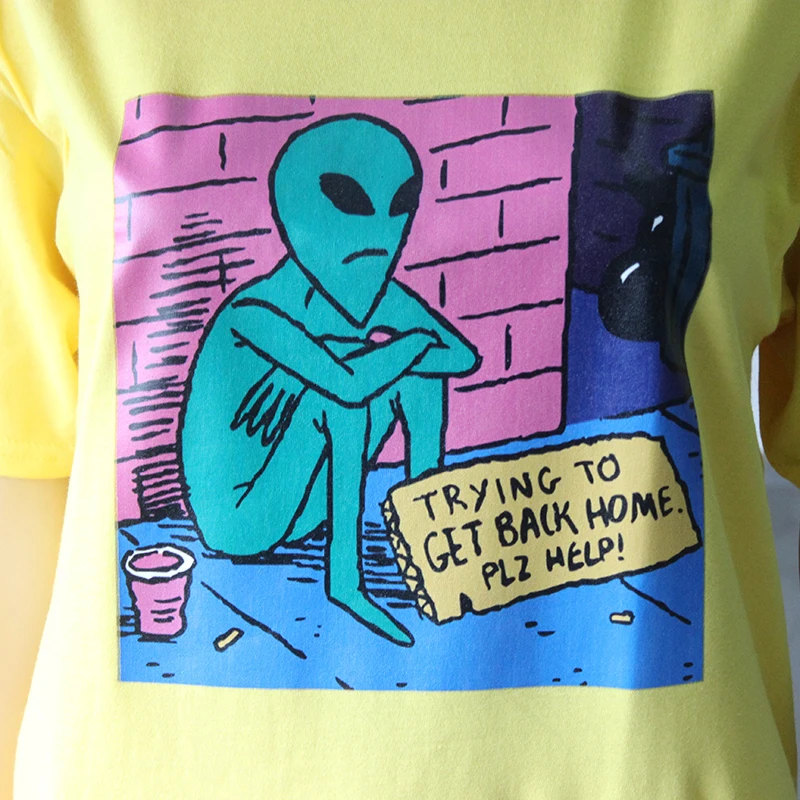 Веселые хлопковые повседневные желтые футболки с принтом Alien Thing To Get Home милые