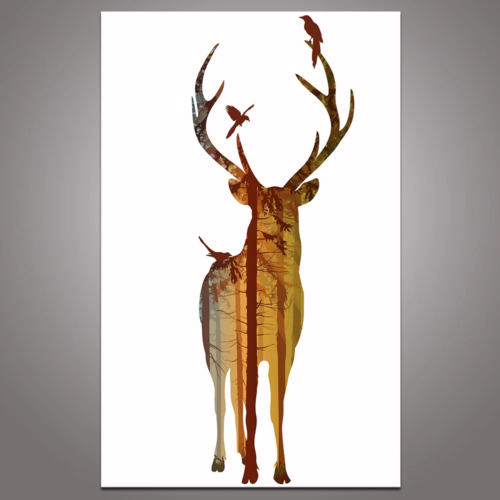 Лесной силуэт олень с птицей холст печать Картина Красочные животные