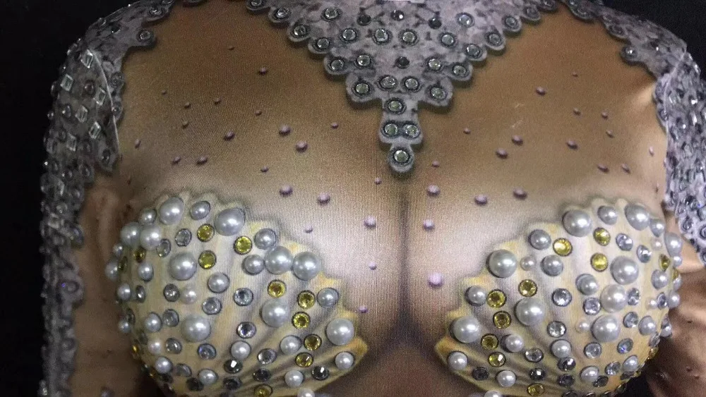 Women New 3D Printing Pearls Sexy Bodysuit Nude Stretch Outfit Celebrate Glisten Leotard Rhinestones Costume Singer Wear | Тематическая