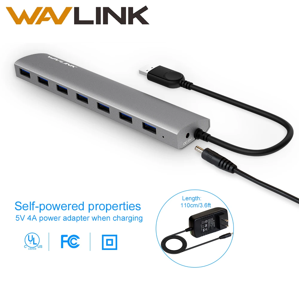 7 Порты высокое Скорость USB 3,0 Алюминий концентратор usb-хаб с выходом 5V 4A Мощность адаптер Wavlink для Macbook ультрабук iMac ПК портативный компьютер