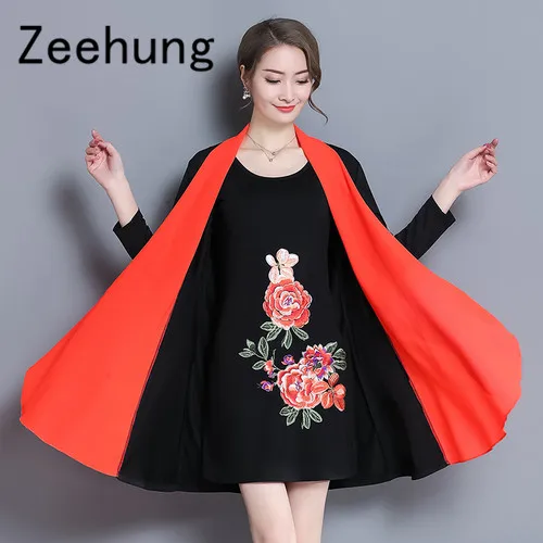 Zeehung Бесплатная доставка элегантное платье с вышивкой для женщин большие размеры