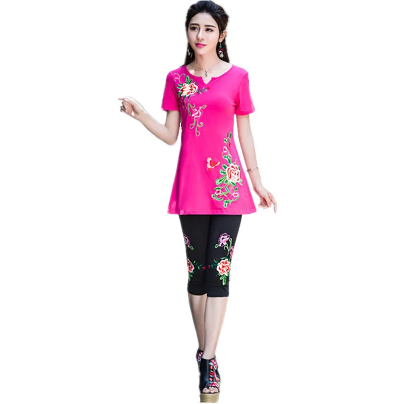 2019 T Shirt Pants 2 Piece Set Women Spring Summer Cotton Quality Embroidery 4XL Vintage Ladies Tracksuit Clothes Woman Suits | Женская