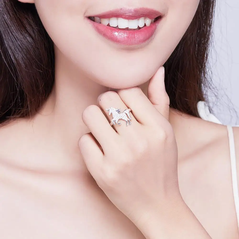 

Fashion Cartoon Cute Unicorn Ring Adjustable 925 Sterling Silver Crystal Finger Ring Jewelry for Women Wholesale Lots Bulk